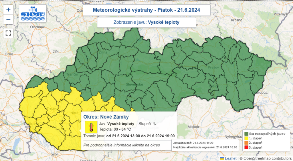 Snimka obrazovky 2024 06 21 130308 V okrese Nové Zámky opäť platí výstraha pred vysokými teplotami. Meteorológovia varujú aj pred silnými búrkami.