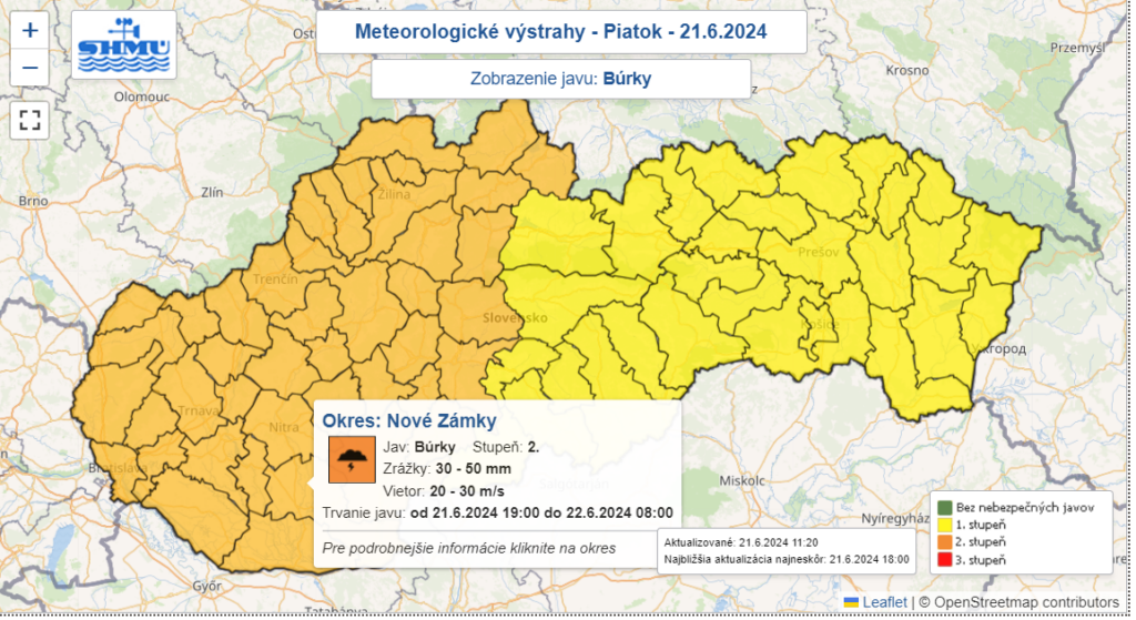 Snimka obrazovky 2024 06 21 131740 V okrese Nové Zámky opäť platí výstraha pred vysokými teplotami. Meteorológovia varujú aj pred silnými búrkami.